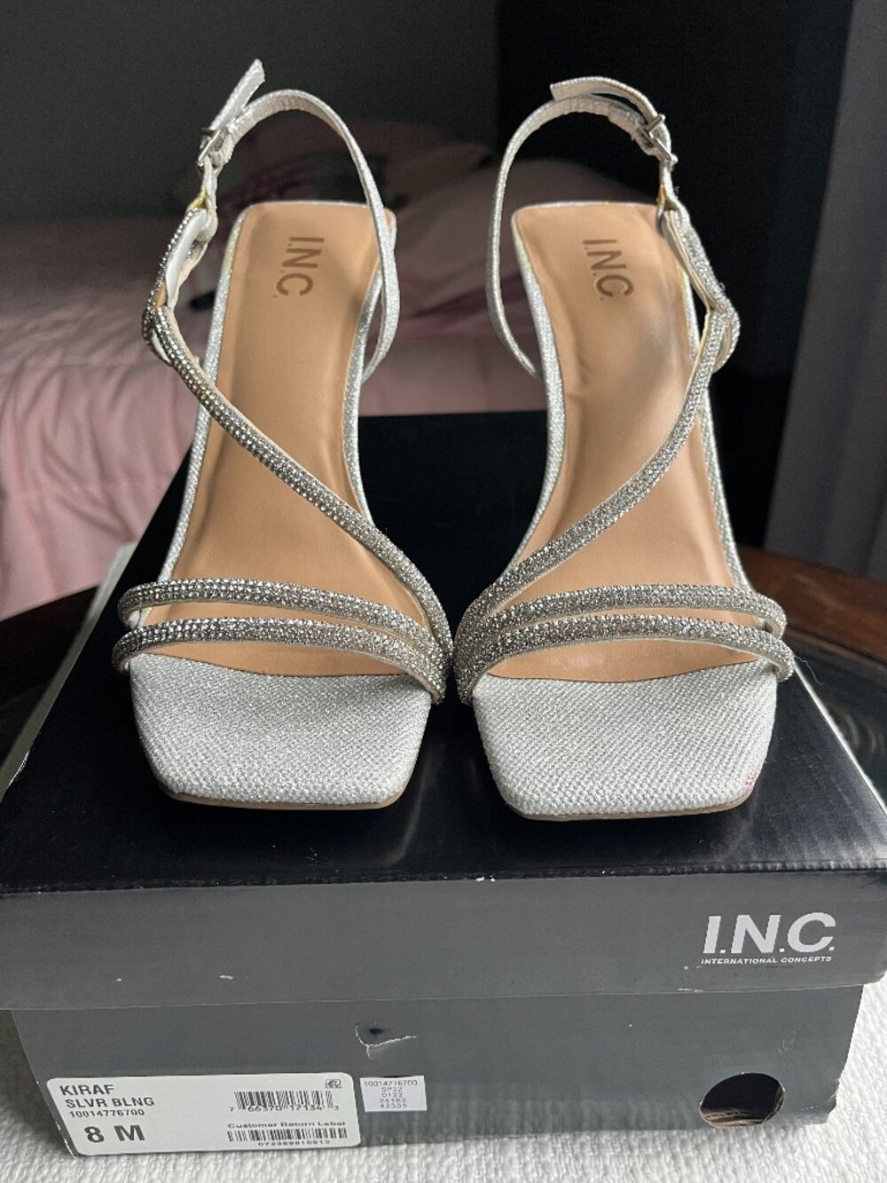 I.N.C. Womens Heeled Silver Rhinestone Dressy Square Toe Sandals